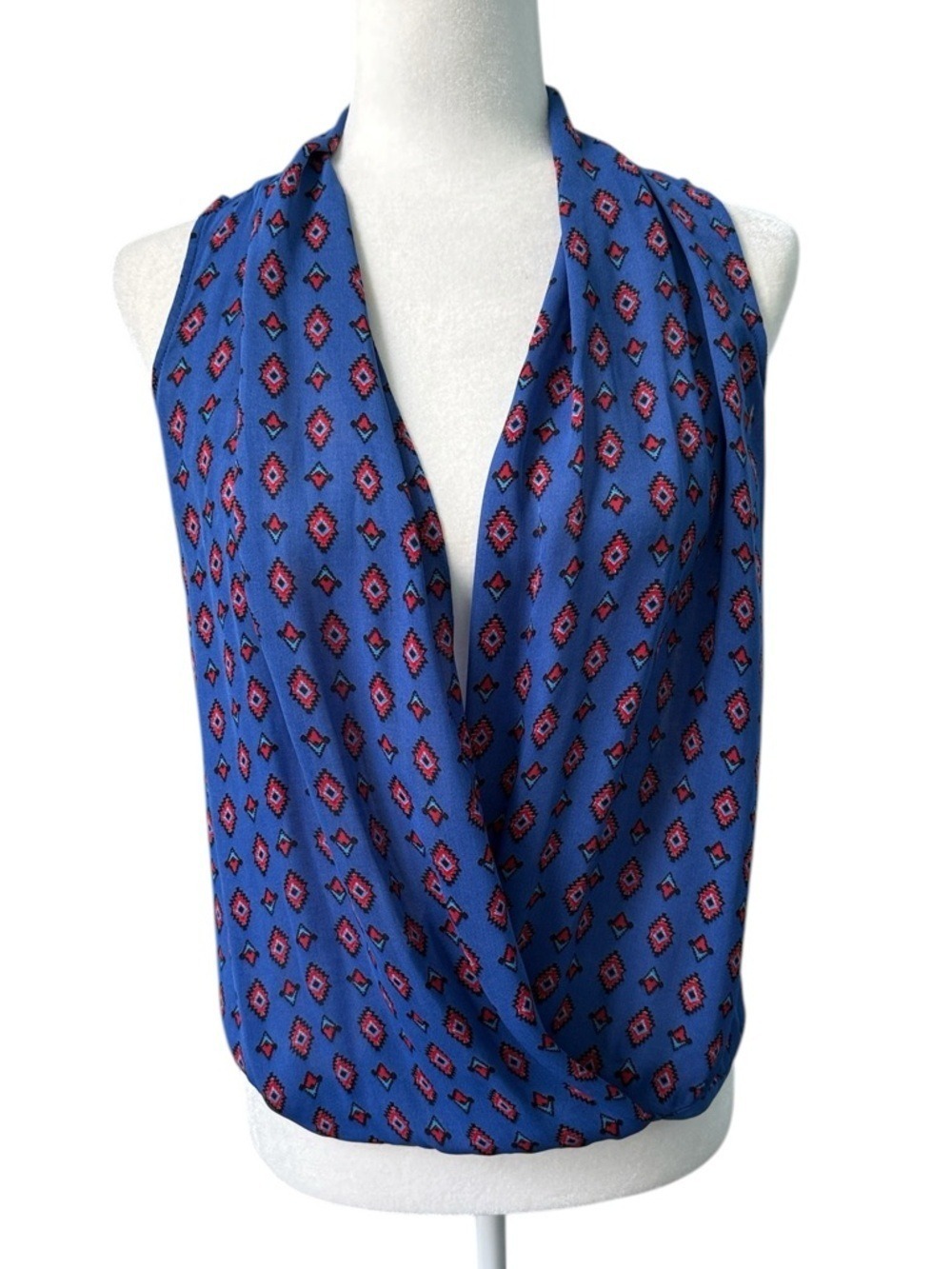 Zara Sleeveless Faux Wrap Pullover Blouse Royal Blue Geo Diamond Print Sz XS